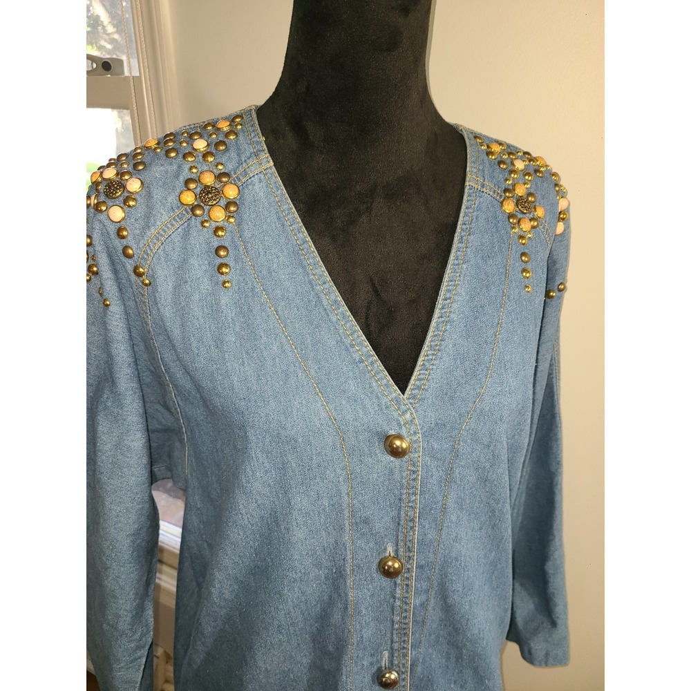 Bingo Bingo Shacket Womens 9/10 Blue Denim Beaded Shoulder Vintage Made in USA